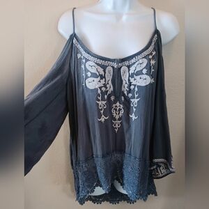 Ecote Urban Outfitters Boho Gauzy Embroidered Cold Shoulder Top M Blue White